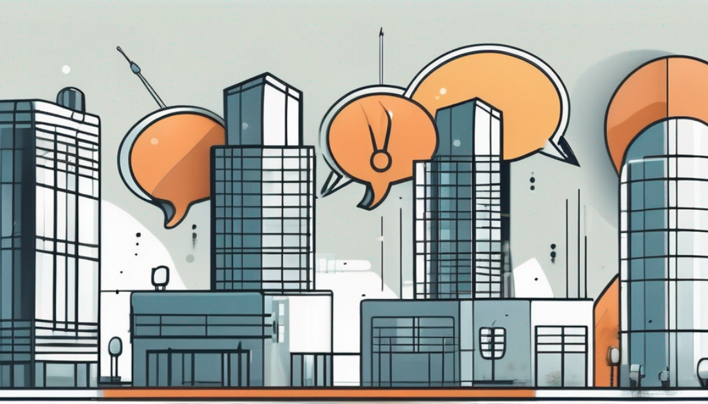 Two corporate buildings communicating through symbolic speech bubbles containing various industry-related icons