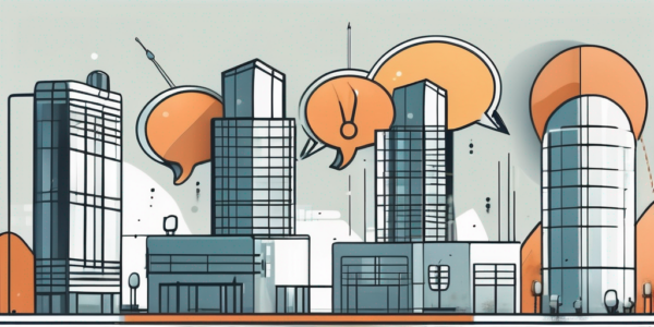 Two corporate buildings communicating through symbolic speech bubbles containing various industry-related icons