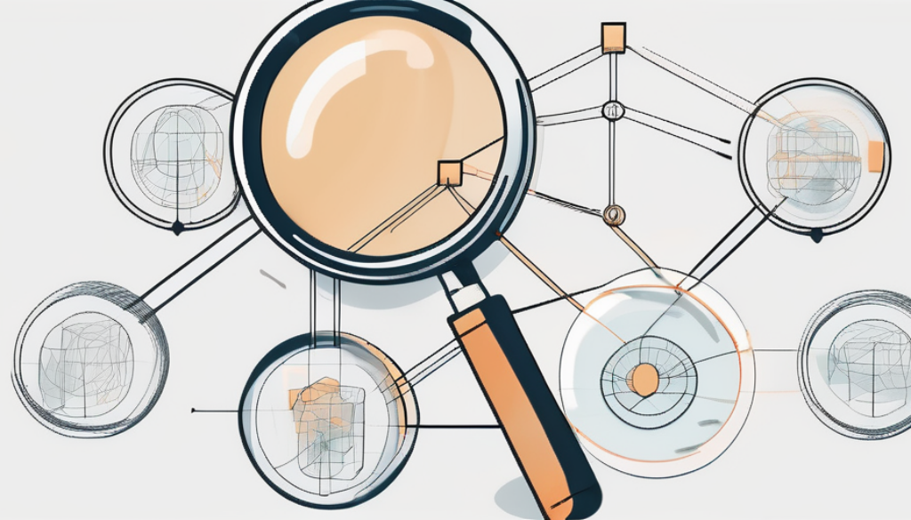 A magnifying glass hovering over a symbolic representation of a b2b marketing strategy