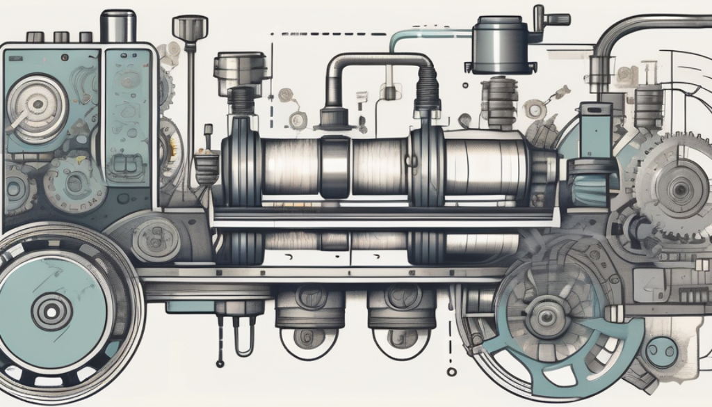 A complex machine with various parts representing different stages of b2b product marketing