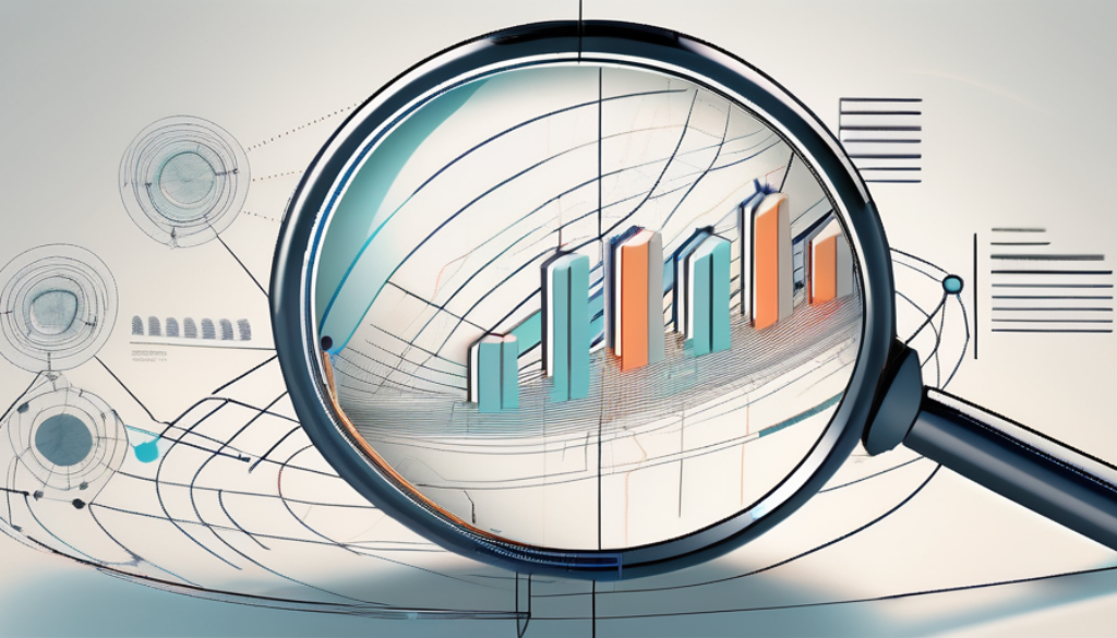 A magnifying glass focusing on a complex 3d diagram representing various interconnected market trends and data points