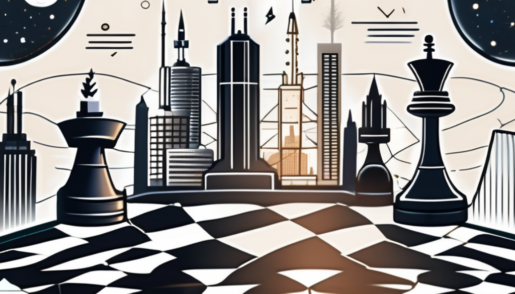 A chessboard with traditional pieces replaced by symbolic business icons such as skyscrapers