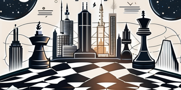 A chessboard with traditional pieces replaced by symbolic business icons such as skyscrapers