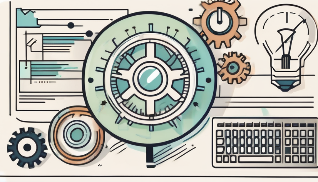 A magnifying glass hovering over a webpage with various seo-related symbols such as gears