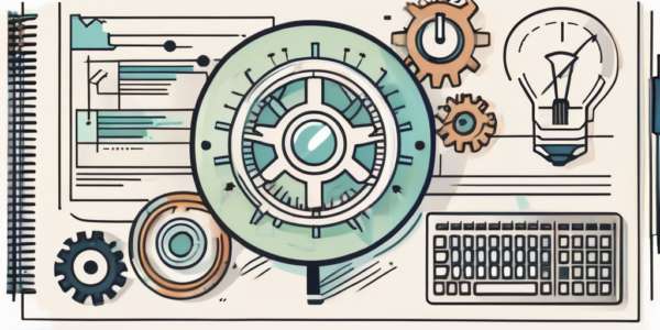 A magnifying glass hovering over a webpage with various seo-related symbols such as gears