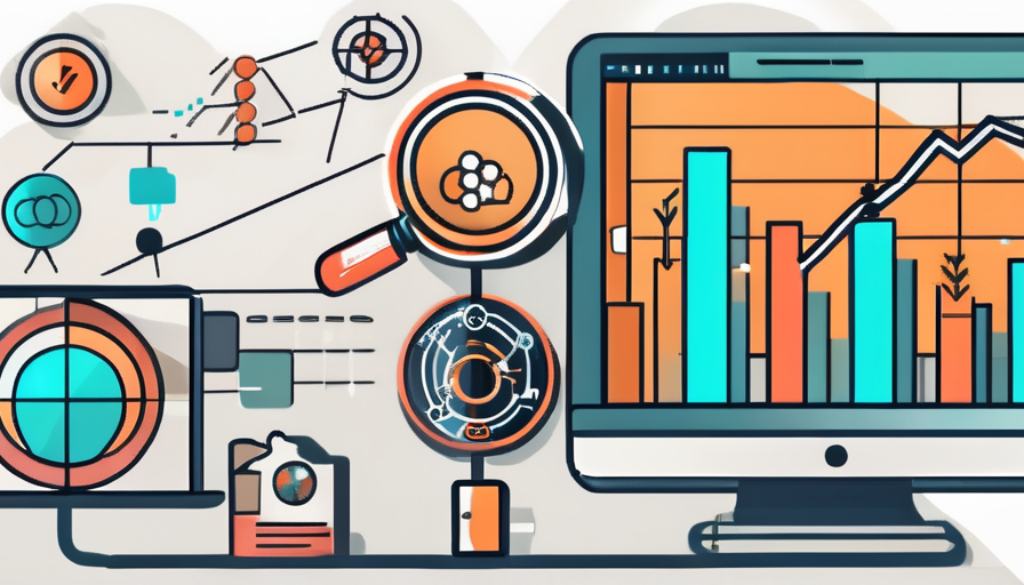 An upward-trending graph surrounded by various seo-related icons such as a magnifying glass