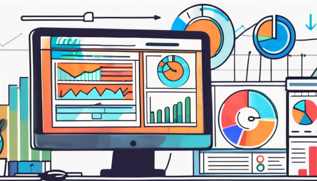 Draw an illustration of a magnifying glass overlaid on a colorful dashboard filled with various graphs