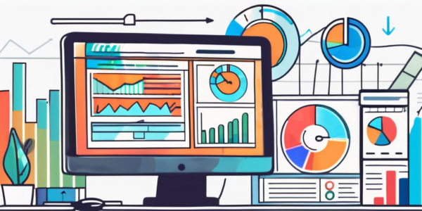 Draw an illustration of a magnifying glass overlaid on a colorful dashboard filled with various graphs