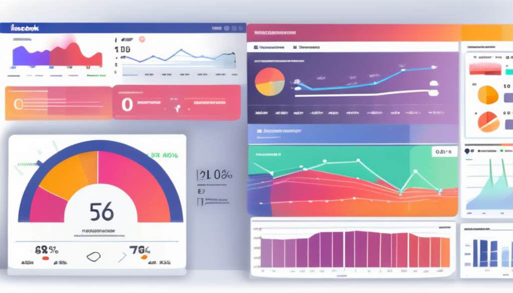 An abstract representation of a digital dashboard displaying key facebook (meta) ad metrics such as engagement rates