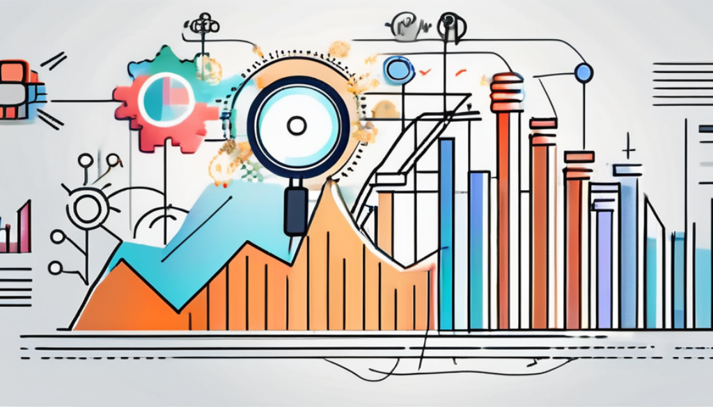 Draw an illustration of a dynamic graph with upward trends and various digital media icons (like social media