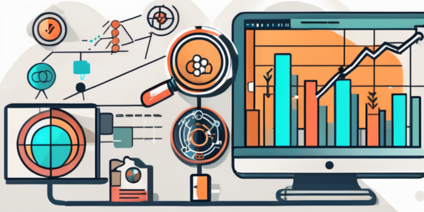 An upward-trending graph surrounded by various seo-related icons such as a magnifying glass